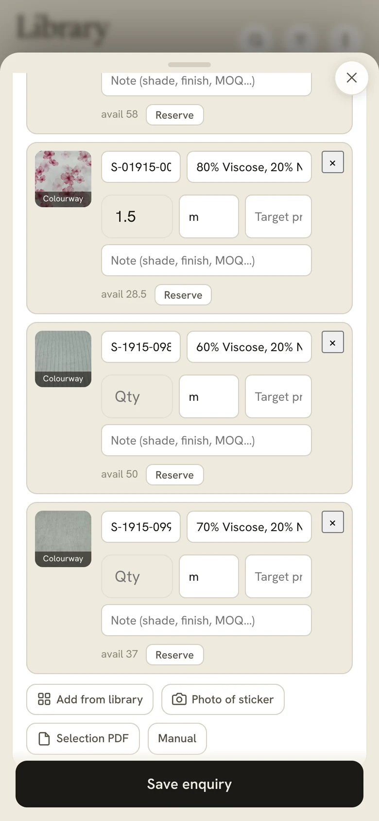 A buyer's enquiry in Fabrary: three fabric lines, each with a swatch photo, sort number, composition, quantity in metres, target price and a note field, with a Reserve button and available metres beside it. Below are four ways to add a line and a Save enquiry button.