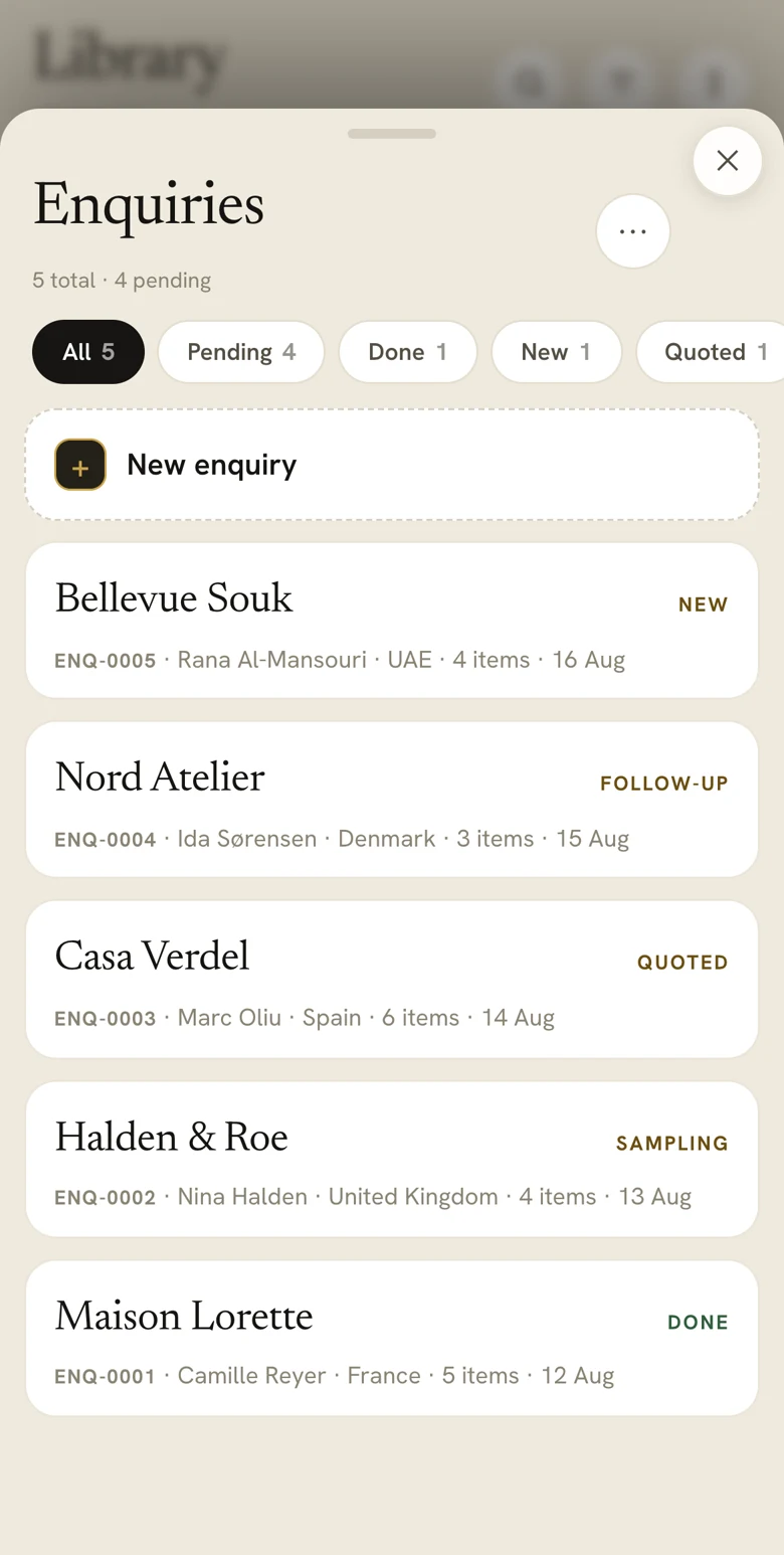 The Fabrary enquiries list: five buyer enquiries numbered ENQ-0001 to ENQ-0005 — Bellevue Souk, Nord Atelier, Casa Verdel, Halden and Roe, Maison Lorette — each showing the contact, country, item count and date, tagged New, Follow-up, Quoted, Sampling or Done.